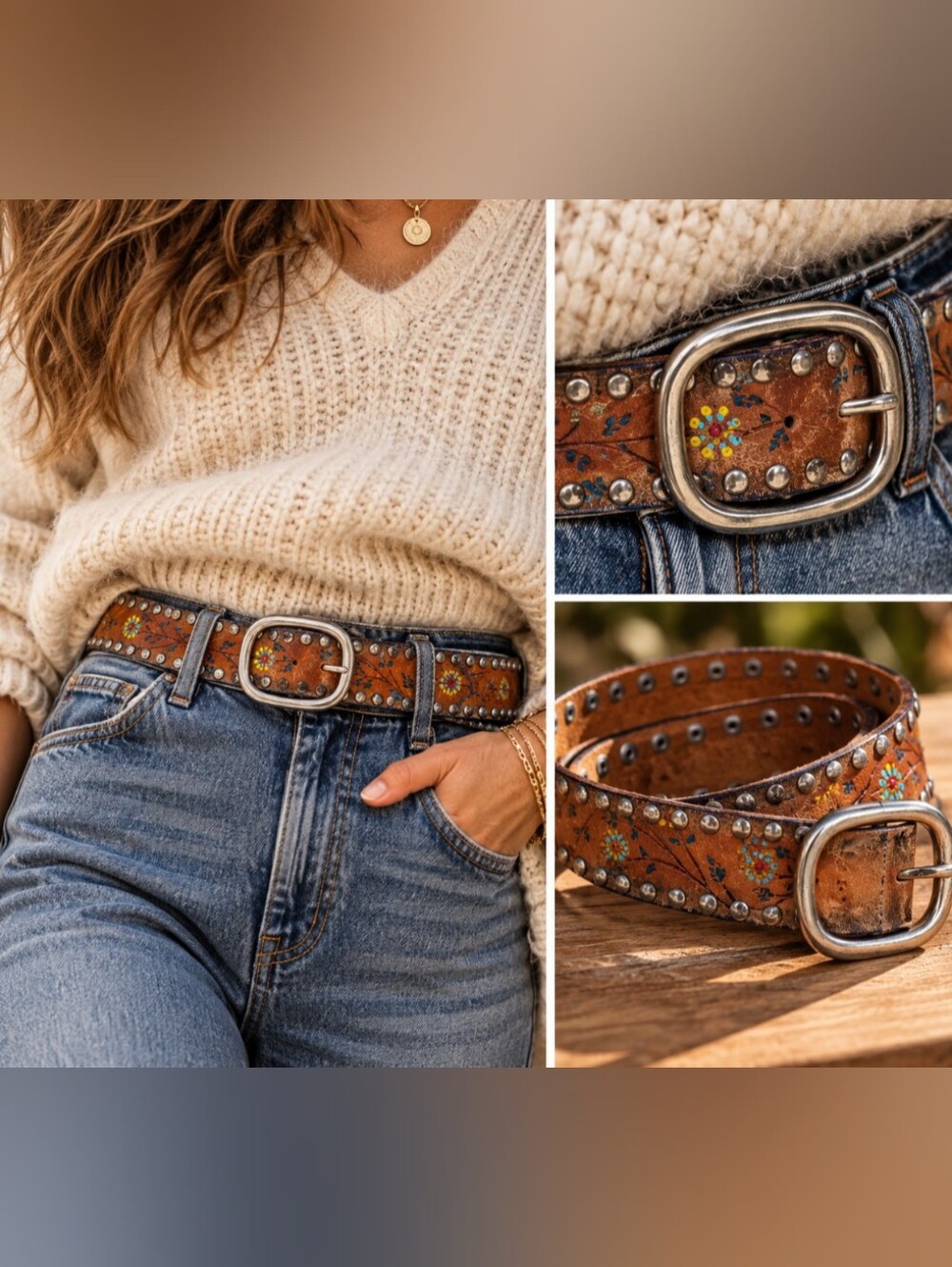 Vintage Boho Western Studded Leather Belt – Hand-Painted Floral – Size Small